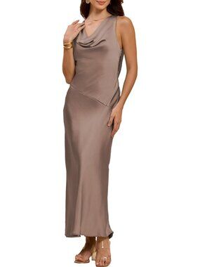 Women's Mocha Cowl Neck Summer Satin Backless Sleeveless Elegant Maxi Dress